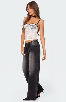 Relaxed and baggy straight legs give laid-back shape to these acid-washed jeans cut from nonstretch denim for an authentic feel. Zip fly with button closure Five-pocket style 100% cotton Machine wash, dry flat Imported Low Rise Wide Leg Jeans, Jeans Loose Fit, Bra Outfit, Sheer Lace Top, Acid Wash Jeans, Acid Wash Denim, White Lace Top, Swimwear Dress, Knit Fashion