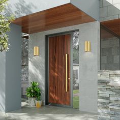 the front entrance to a modern home with wooden doors and planters on either side