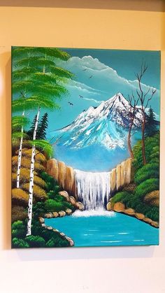 a painting of a mountain with a waterfall