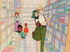 an animated image of a man and woman in a library with children looking at books