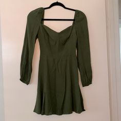 Reformation. Size 2. Olive Green. Never Been Worn. Fitted In Chest And Torso. Long Sleeves. Loose Sleeves. Knee Length. Fitted Green Dress For Brunch, Fitted Green Dresses For Brunch, Green Long Sleeve Lined Dress, Green Square Neck Dress For Date Night, Dress Olive Green, Loose Sleeves, Reformation Dress, Reformation Dresses, Olive Green