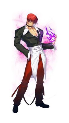 an anime character with red hair and white pants, holding a purple object in his hand