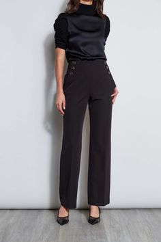 Our straight leg pant is detailed with metal button trim. The side zipper closure lends a sleek finish - perfect for work or dinner. Crepe Button Straight Leg Pants 90% Polyester, 10% Spandex Runs true to size. Model is 5'9" and wearing size 2 Machine Wash Imported Style #: ETR44219 Button Pants, Straight Leg Pant, Jumpsuit Jacket, Long Sleeve Short Dress, Knit Tees, Denim Coat, Knit Jacket, Cardigan Jacket, Metal Buttons