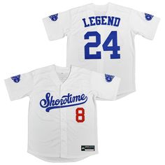 Showtime Legend #8 #24 Baseball Jersey White Jersey With Letter Print For Baseball Season, White College Jersey With Letter Print, College White Jersey With Letter Print, White Baseball Jersey With Letter Print For Game Day, White Baseball Jersey With Team Logo For College, White College Baseball Jersey With Team Logo, Varsity Baseball Jersey With Team Logo, White Varsity Jersey With Crew Neck, White Sporty Jersey For College