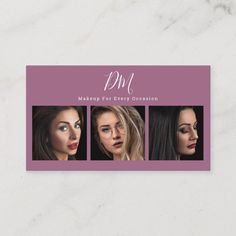 the business card is designed to look like three women's faces, with makeup and make - up