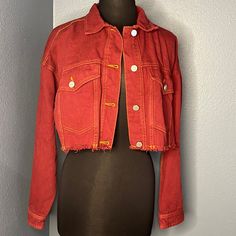 Bdg Red Cropped Jacket Size M Never Worn Fitted Red Denim Jacket With Long Sleeves, Red Cotton Denim Jacket For Streetwear, Red Winter Denim Jacket, Casual Red Cotton Outerwear, Red Long Sleeve Denim Jacket For Streetwear, Fitted Red Denim Jacket For Fall, Red Cotton Outerwear For Fall, Casual Red Denim Jacket For Streetwear, Casual Red Long Sleeve Denim Jacket