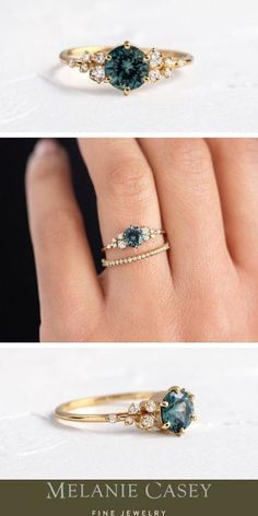 three different views of an engagement ring with blue and white diamonds on top, one in gold