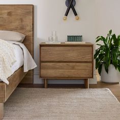 a bedroom scene with focus on the bed and nightstands, which has a plant next to it