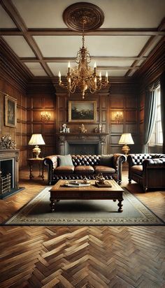 an elegant living room with wood paneling and chandelier above the couches