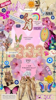 a collage of images and numbers with flowers, butterflies, and other things on it