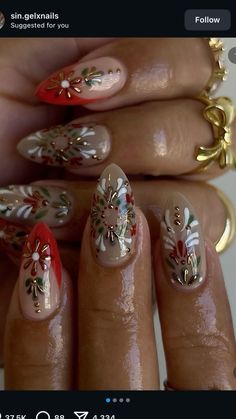 Not mine:) Christmas Solstice Nails, Winter Solstice Nail Ideas, Hippie Christmas Nails, Christmas Mistletoe Nails, Maximalist Christmas Nails, Red Green And Gold Nails, Chrome Christmas Nails Designs, Boho Christmas Nails, Mob Wife Nails