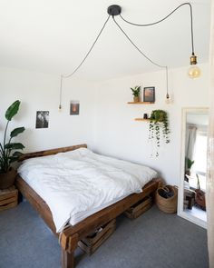 a bed sitting in a bedroom next to a plant on the wall and potted plants