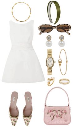 a woman's white dress and accessories including shoes, bracelets, watch and purse