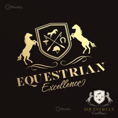 the equestrian excellence logo is shown on a black shirt with gold lettering and two horses