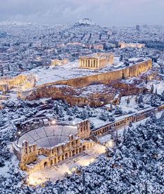 an aerial view of the ancient city in winter