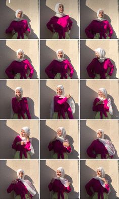 multiple images of a woman with white hair wearing a hijab and pink top