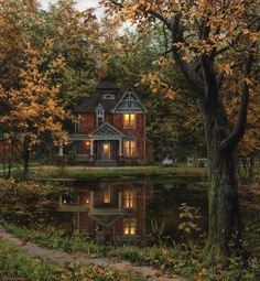 a painting of a house in the woods with trees and water reflecting it's lights