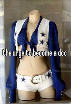 a female mannequin wearing white shorts and blue jacket with the words, the urge to become a dc