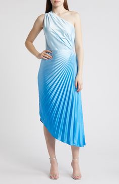 An asymmetric silhouette topped by a single shoulder brings bold flair to this pleated dress featuring a side cutout and ombré palette. 42" to 52" length (size Medium) Hidden side-zip closure One-shoulder neck Sleeveless Lined 95% polyester, 5% spandex Dry clean or hand wash, dry flat Imported Formal Blue One-shoulder Ruched Dress, Formal Blue Ruched One-shoulder Dress, Formal Blue Ruched One Shoulder Dress, Blue Draped Dress With Folds, Evening Pleated Dress With Asymmetrical Skirt, Blue One-shoulder Evening Dress For Spring, Blue One Shoulder Evening Dress For Spring, Blue Spring Dresses With Folds, Pleated Asymmetrical Hem Dress For Night Out