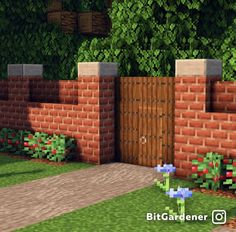 an image of a garden in minecraft with flowers and plants on the side walk