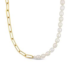 Show your playful side with this distinctive pearl necklace. Created in sterling silver with 18K gold plate, this unique style features luminous 4.0-7.5mm baroque-shaped cultured freshwater pearls and polished paper clip-shaped links in a half-and-half design. Buffed to a brilliant luster, this 17.0-inch necklace secures with a lobster claw clasp. Link Chain Zales, Gift Yellow Gold Pearl Necklace With Chain, Yellow Gold Pearl Necklace Chain As Gift, Yellow Gold Pearl Necklace With Chain, Gold Single Strand Pearl Necklace Fine Jewelry, Gold Single Strand Pearl Necklace, Elegant Gold Pearl Necklace With Cable Chain, Gold Pearl Necklace With Cable Chain, Gold Pearl Necklaces With Cable Chain