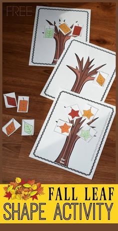 the fall leaf shape activity is shown with three pictures and four leaves on it,