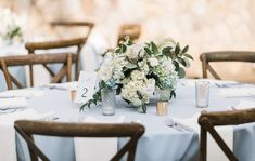 the table is set with white flowers and candles