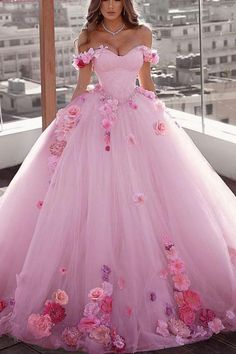 Fairy Princess Prom Dress, Pink Birthday Dress Sweet 16, Pink Princess Dress Fairytale, Flowers Prom Dress, Blush Pink Wedding Dress, Flower Prom Dress, Satin Bridal Gowns, Blush Pink Wedding