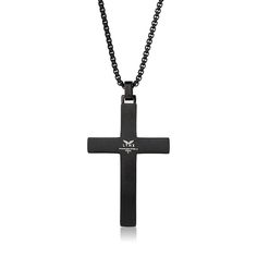 Gift him a modern symbol of his faith that suits his minimalist style - this blue diamond inlay cross pendant in black ion-plated stainless steel. Created in stainless steel and black ion plate A cross-shaped blue diamond inlay centers the satin-finished cross. The polished stepped border adds depth and subtle contrast to this layered look. This 1/20 ct. t.w. diamond pendant suspends along a 24.0-inch box chain that secures with a lobster claw clasp. Minimalist Black Cross Pendant Necklace, Minimalist Black Cross Jewelry, Minimalist Black Cross Pendant Jewelry, Black Stainless Steel Crucifix Necklace, Black Stainless Steel Cross Pendant Jewelry, Blue Diamond, Layered Look, Box Chain, Minimalist Style