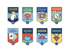 six badges with different types of items on them