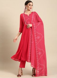 * Women Pink Bandhani Printed Kurta With Trousers & With Dupatta Indian Wedding Wear Salwar Kameez / Indian Ethnic Dress / Plus Size Silk Kurta Dress Traditional Indian Wear / Salwar Kameez Dupatta / Kurti Palazzo Set  * Pink printed Kurta with Trousers with dupatta     * Kurta design:-  *  Bandhani printed   *  Anarkali shape   *  Regular style   *  Round neck,  three-quarter regular sleeves   *  Calf length with flared hem   *  Polyester fabric      * Trousers design:-  *  Solid Trousers   * Bandhani Print Georgette Traditional Wear For Navratri, Festive Designer Bandhani Salwar Kameez, Traditional Bandhani Print Salwar Kameez In Georgette, Straight Kurta Bandhani Print Palazzo Set For Festivals, Bandhani Print Palazzo Set With Straight Kurta For Festivals, Festive Bandhani Print Unstitched Suit With Traditional Drape, Diwali Bandhani Print Palazzo Set With Straight Kurta, Festive Bandhani Print Kurta For Transitional Season, Festive Transitional Bandhani Print Kurta