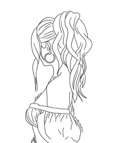 a drawing of a girl with long hair wearing a dress and holding her hand on her hip