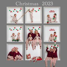 the family is posing for christmas pictures in their matching pajamas and hats, all dressed up