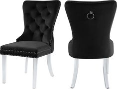 a pair of black and white chairs with silver trimmings on the back side