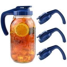 a mason jar filled with orange slices and blue handles