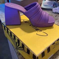 Brand New In Box Too Narrow For My Foot Sooo Cute Purple Heels With Sculpted Open Heel, Purple Block Heels With Stacked Heel, Purple Heels With Stacked Block Heel, Trendy Purple Heels For Formal Occasions, Purple Heels With Sculpted Heel And Round Toe, Trendy Purple Closed Toe Heels, Purple Platform Heels With Synthetic Material, Purple Leather Square Toe Heels, Purple Synthetic Platform Heels