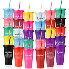 many different colored cups with straws in them