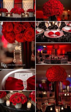 red roses and candles are arranged in the centerpieces for this elegant wedding reception