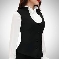 Elevate your retro style with our vintage women's vest Transform your look with our vintage women's vest, a timeless piece that effortlessly combines elegance and vintage charm. Crafted with meticulous attention to detail, this black vest features a sleek design that beautifully accentuates a jabot collar, making it the perfect addition to your retro, Victorian, or steampunk-inspired outfits. Vest features and size chart: Fabric: shell: 80 % polyester + 20% viscose, lining: 98% polyester + 2% vi Steampunk Vest Women, Womens Suit Vest, Jabot Collar, Steampunk Vest, Womens Waistcoat, Womens Suit, Vest Womens, Business Dress, Vintage Vest