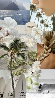 a collage with white flowers and surfboards in the foreground is a woman's face