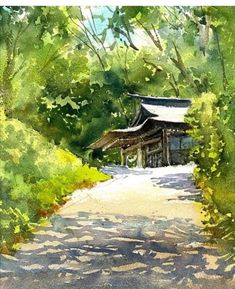 a watercolor painting of a path leading to a small building in the middle of trees