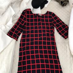 This Darling Shift Dress Is Navy/Red Squares. Size Xs. Elbow Length Sleeves. Comes To About The Knee. Zipper Down The Back. Gap Black Midi Dress For Spring, Gap Mini Dress For Work, Gap Black Knee-length Dress, Black Knee-length Gap Dress, Gap Fitted Mini Dress, Gap Fitted Midi Dress For Work, Fitted Gap Midi Dress For Work, Chic Gap Dresses For Fall, Chic Gap Dress For Fall