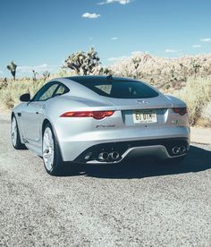 the rear end of a silver sports car parked in front of a desert landscape with cacti