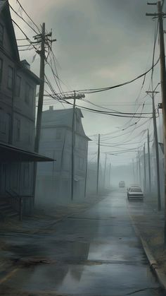 a car driving down a street next to power lines and telephone poles in the fog