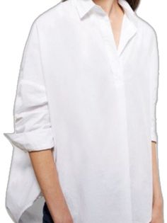 White Tops With Roll-up Sleeves For Everyday, White Collared Top With Roll-up Sleeves, H&m Summer Shirt For Everyday Wear, H&m V-neck Tops For Daywear, White Button-up Top With Roll-up Sleeves, Classic Summer Tops With Roll-up Sleeves, Oversized V-neck Shirt For Daywear, Everyday White Tops With Roll-up Sleeves, Trendy H&m Tops For Work