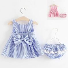 Baby girls clothes set includes sleeveless stripe dress and briefs. It is made of high quality materials and has an Adorable design. Perfect baby shower gift and great gift for little baby girls. Suitable sizes are available from newborn to 24 months old. Color Options: Pink and Blue is available.Package includes: 1 dress + 1 brief Material: CottonSize: Fits true to size, take your normal size Striped Dress Summer, Bow Decor, Children Clothing, Girls Stripes, Sleeveless Dress Summer, Baby Outfits, Diaper Cover