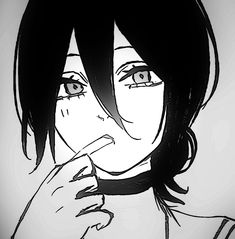 a black and white drawing of a woman with dark hair holding her finger to her mouth