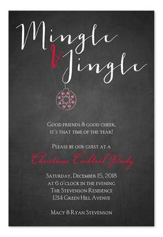 a chalkboard christmas party card with the words mingle and ginger written on it