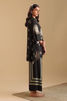 Black cotton silk kurta with floral mandala prints and sequin embellishments. Paired with a pant with printed panels. - Aza Fashions Silk Traditional Wear For Evening Eid, Traditional Silk Sets For Evening, Traditional Silk Evening Sets, Unstitched Silk Traditional Wear For Evening, Elegant Unstitched Silk Blouse Set, Elegant Silk Unstitched Blouse Set, Festive Silk Palazzo Set For Evening, Elegant Silk Set With Unstitched Blouse, Elegant Unstitched Blouse Palazzo Set For Eid