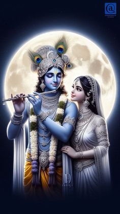 a painting of two people standing in front of a full moon and holding a flute